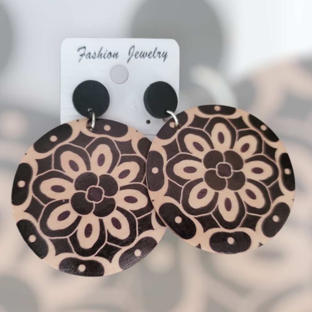 Boho Wooden Disc Floral Pattern Earrings